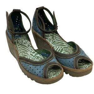 FLY LONDON women's wedge sandal peep toe ankle strap shoe 39 8 leather blue